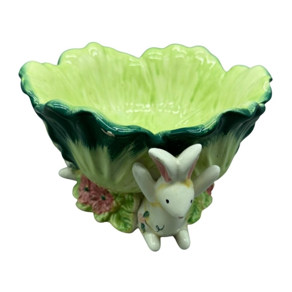 Decorative Green Ceramic Bowl With cabbage patch White Bunny candy dish READ